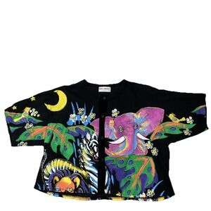 Vintage 80 Kolorway Shirt Womens L Large Black Painted Artistic‎ Safari Elephant